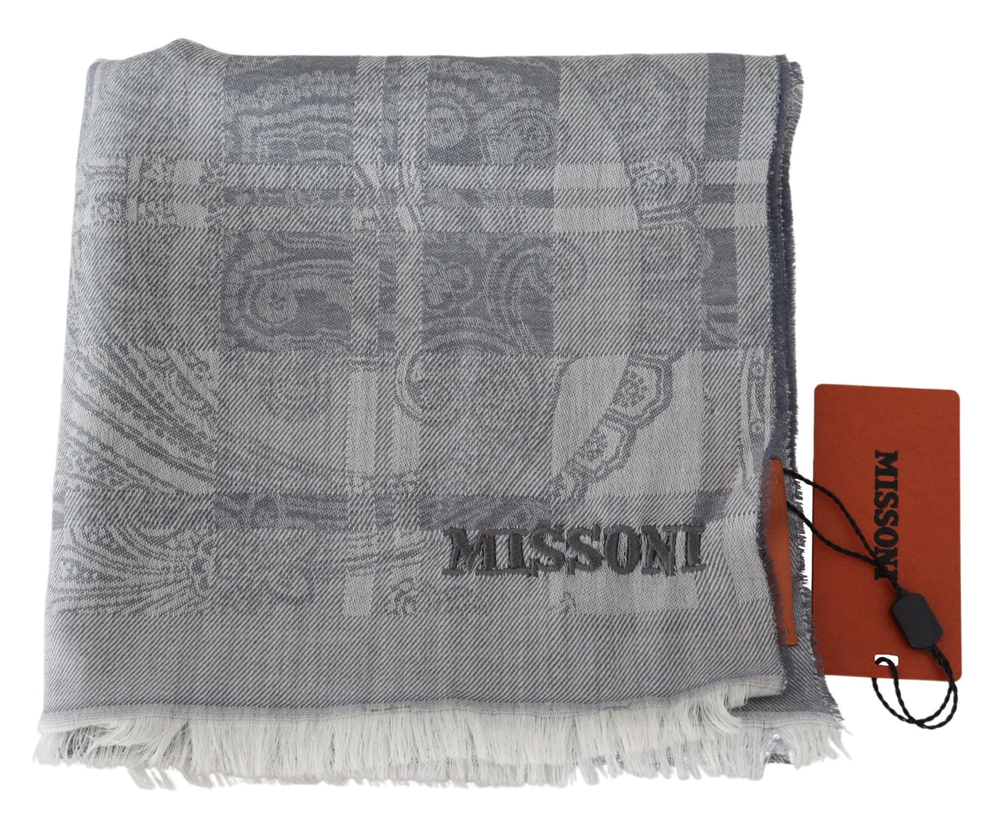 Missoni Grauer Unisex-Halswickelschal aus Wolle mit Blumenmuster und Fransen