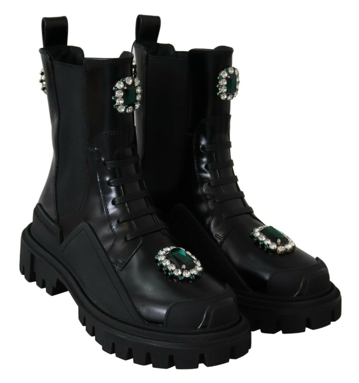 Dolce & Gabbana – Schwarze Kampfstiefel aus Leder mit Kristallen
