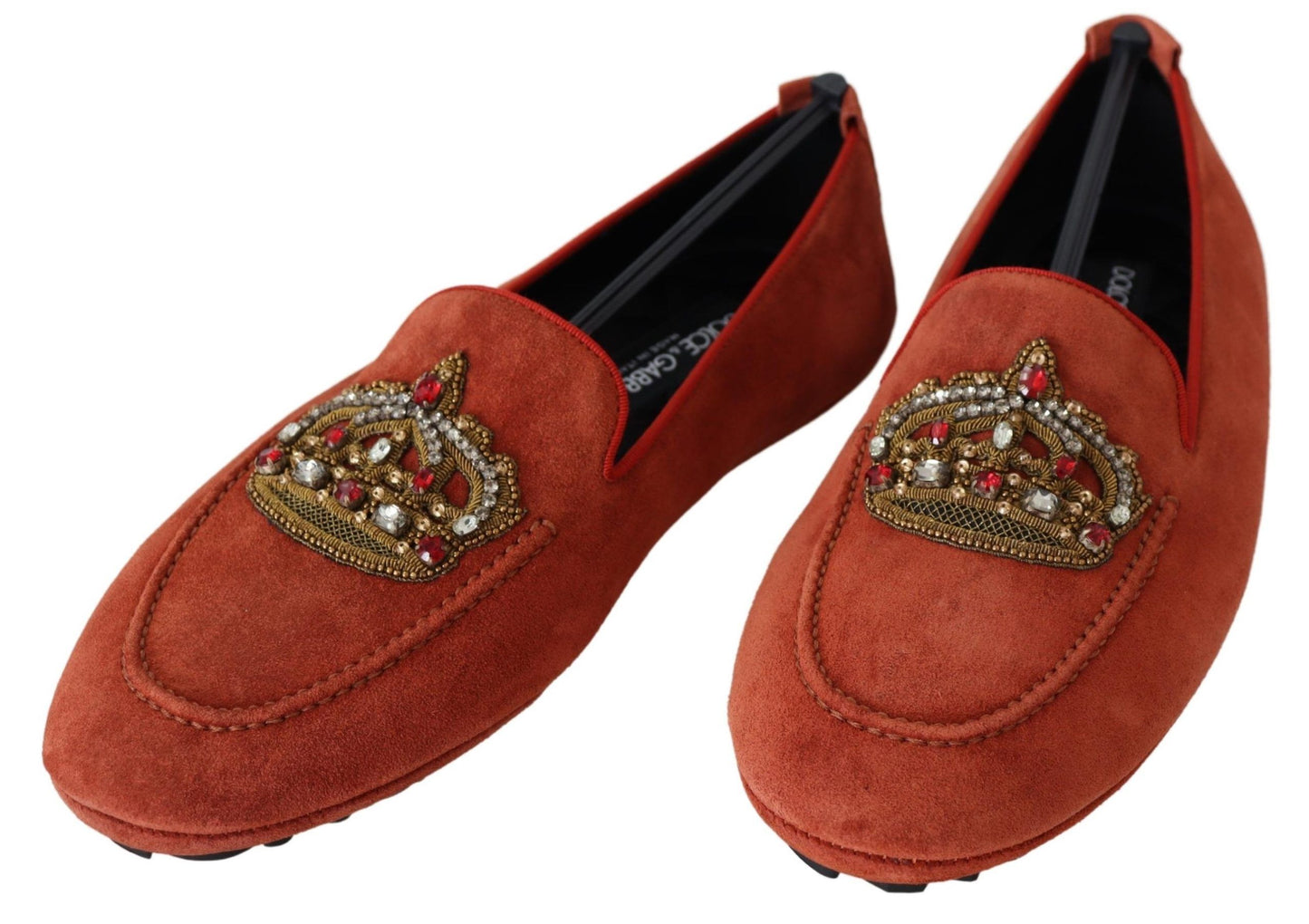 Dolce & Gabbana – Loafer aus orangefarbenem Leder mit Kristallkrone