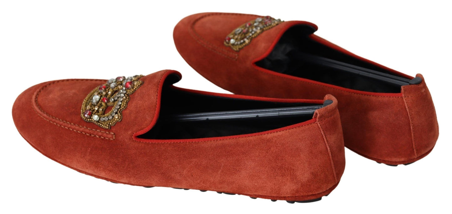 Dolce & Gabbana – Loafer aus orangefarbenem Leder mit Kristallkrone