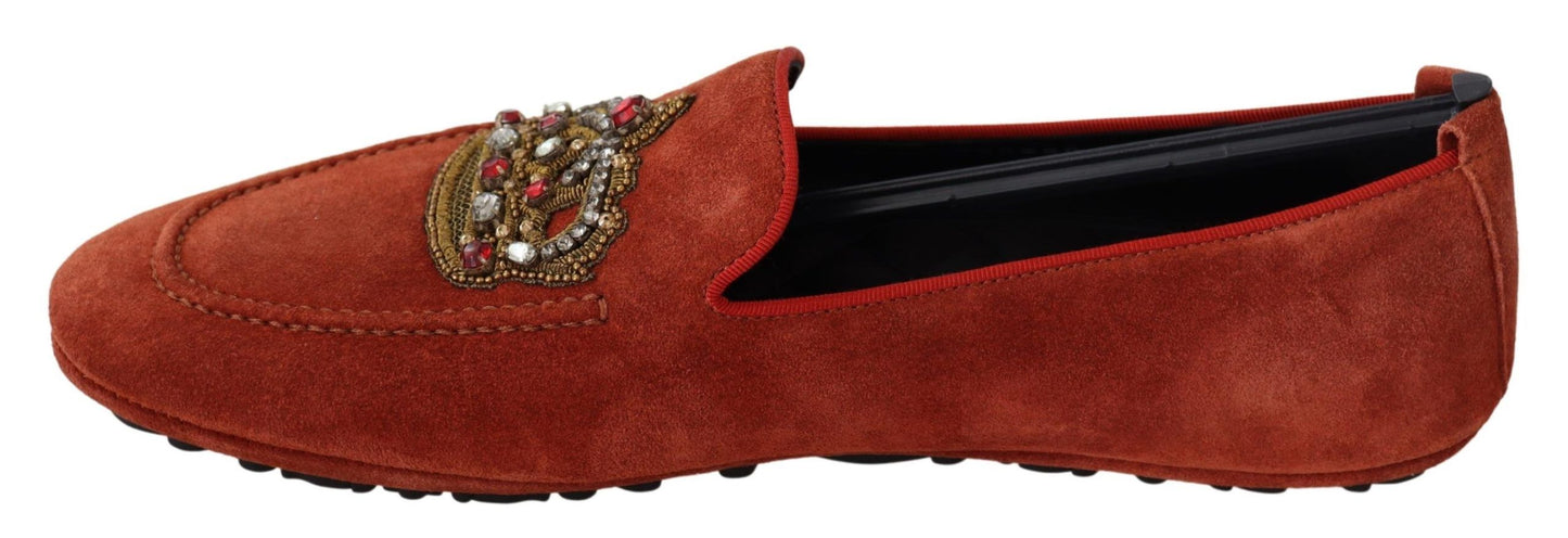 Dolce & Gabbana – Loafer aus orangefarbenem Leder mit Kristallkrone