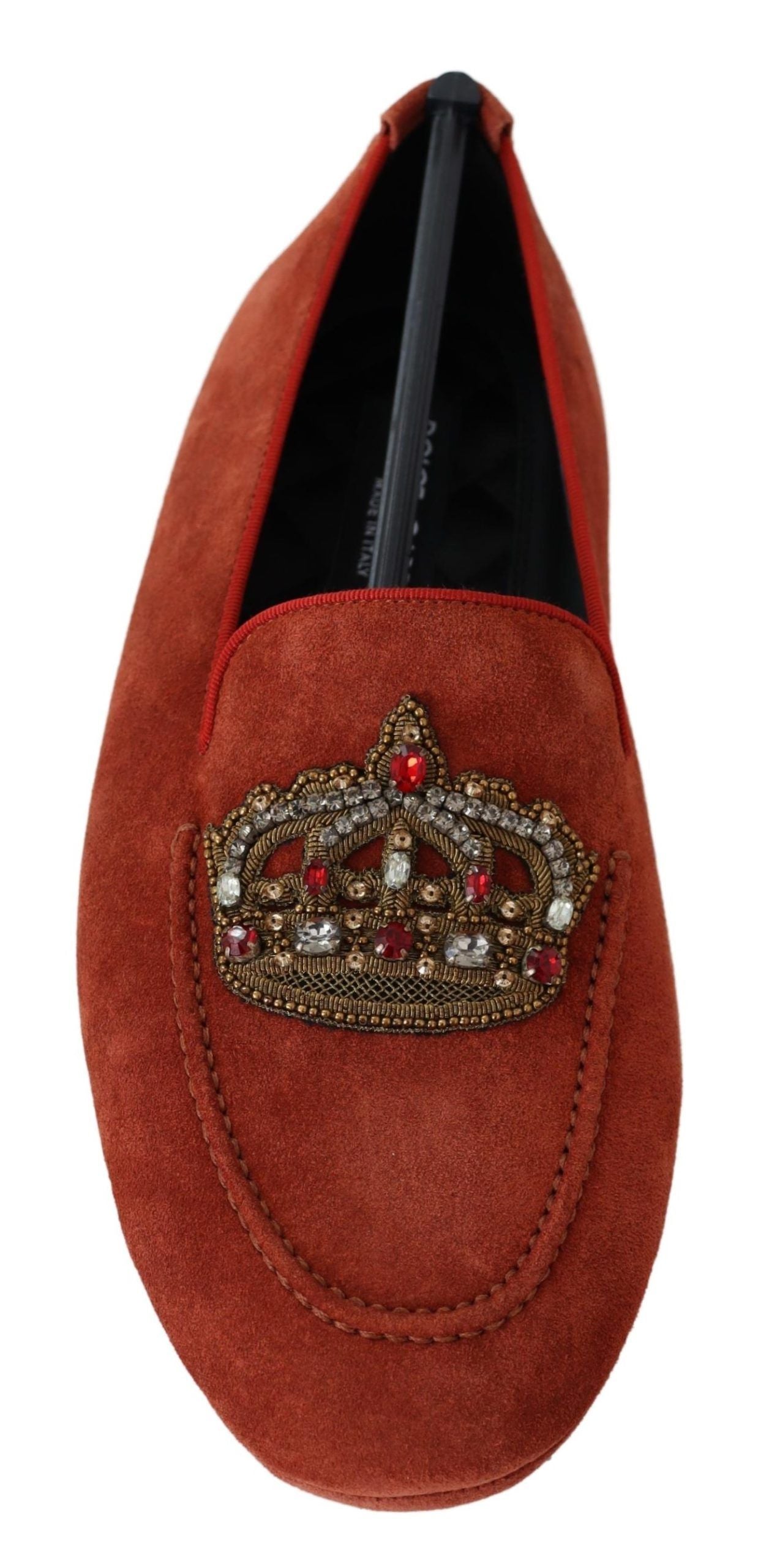 Dolce & Gabbana – Loafer aus orangefarbenem Leder mit Kristallkrone