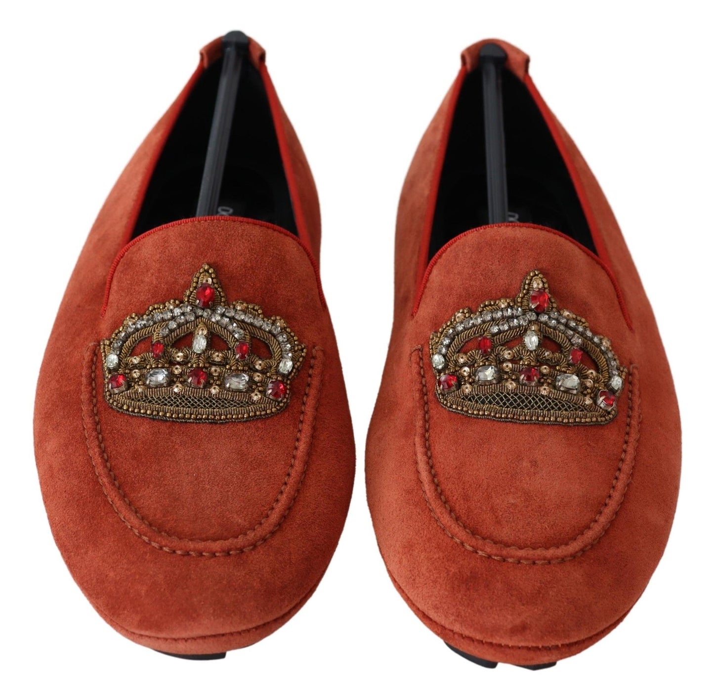 Dolce & Gabbana – Loafer aus orangefarbenem Leder mit Kristallkrone