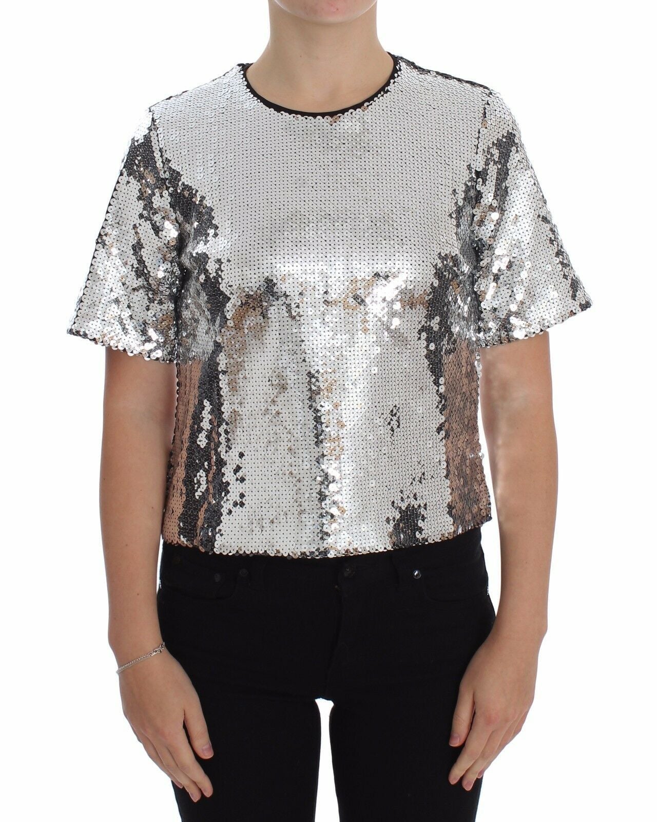 Dolce & Gabbana – T-Shirt-Oberteil mit Rundhalsausschnitt und silbernen Pailletten