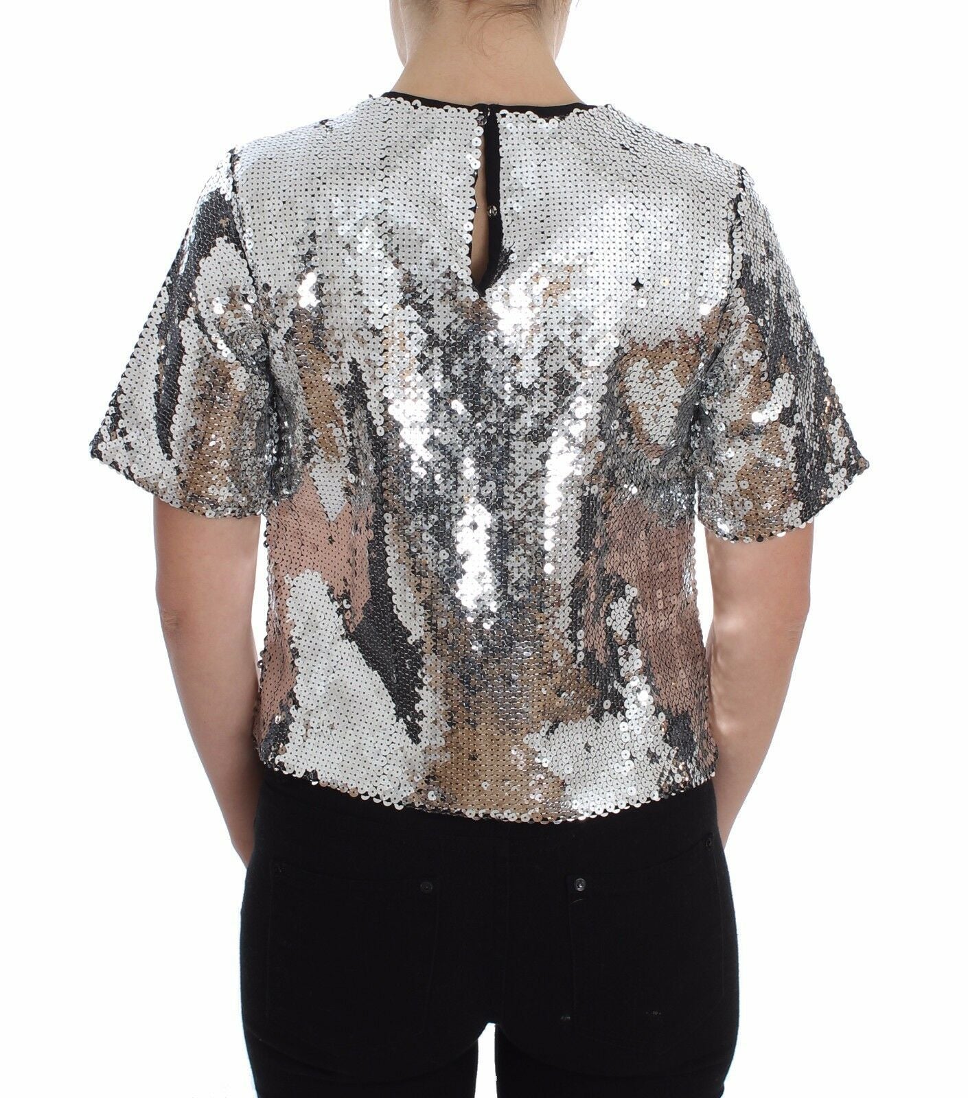 Dolce & Gabbana – T-Shirt-Oberteil mit Rundhalsausschnitt und silbernen Pailletten