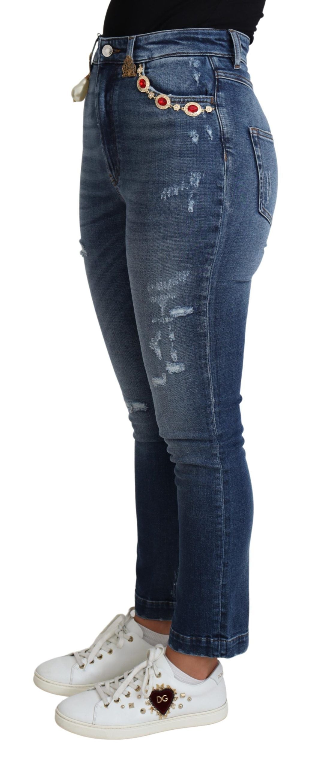 Dolce & Gabbana – Blaue, verzierte Skinny-Jeans aus Baumwolle