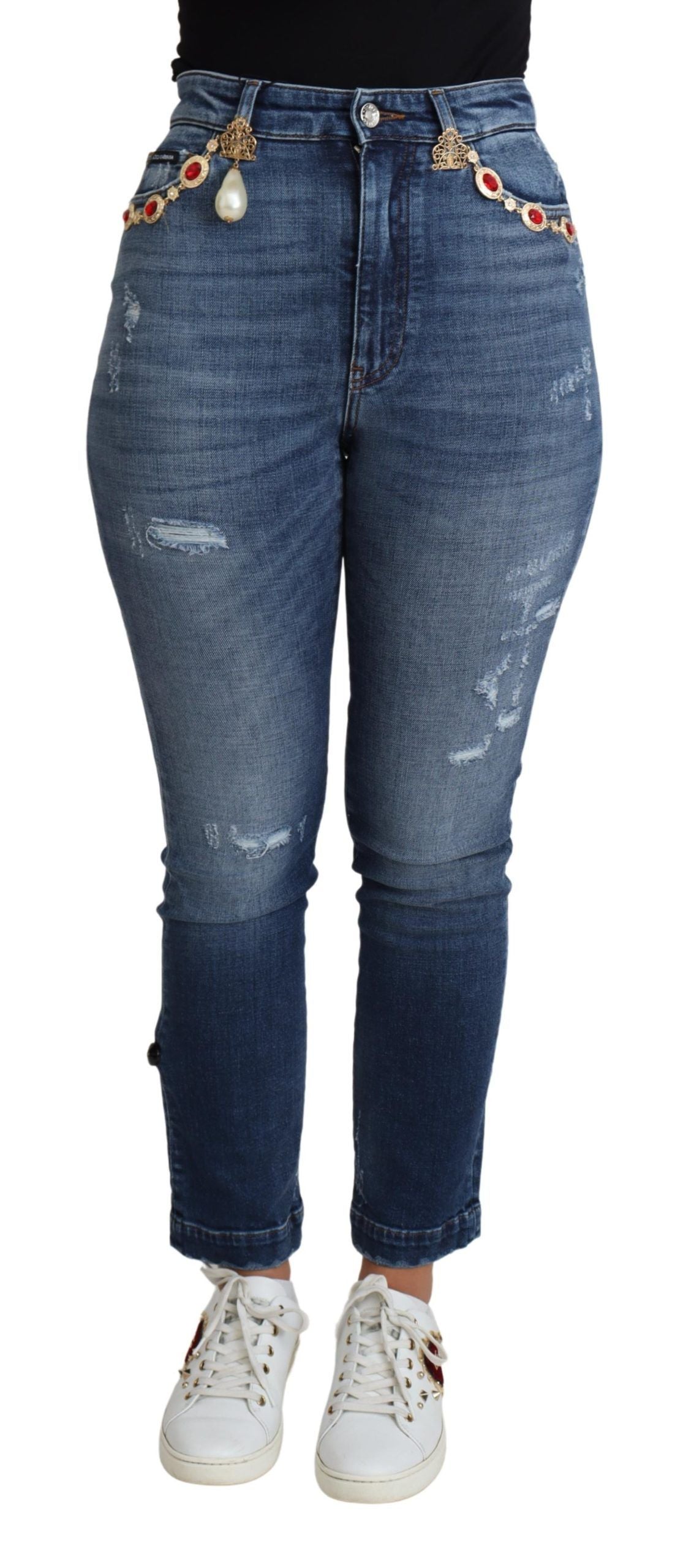Dolce & Gabbana – Blaue, verzierte Skinny-Jeans aus Baumwolle