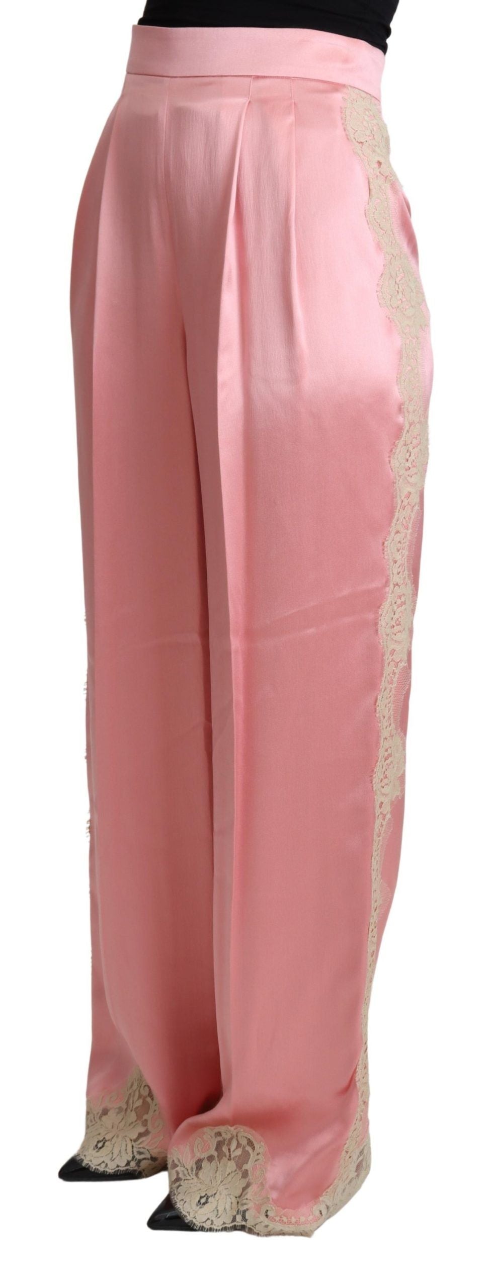 Dolce & Gabbana – Hose aus Seidensatin mit weitem Bein und Spitzenbesatz in Rosa