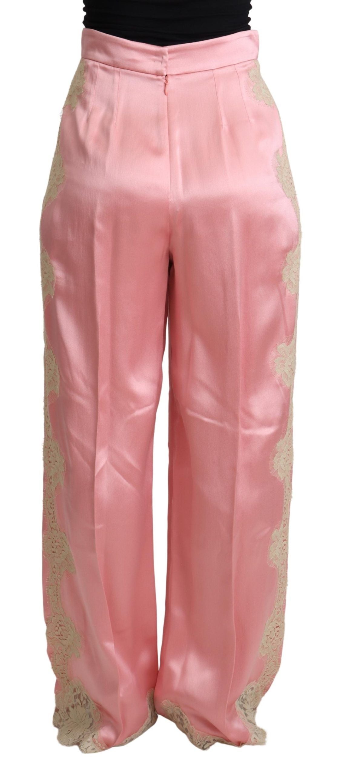 Dolce & Gabbana – Hose aus Seidensatin mit weitem Bein und Spitzenbesatz in Rosa