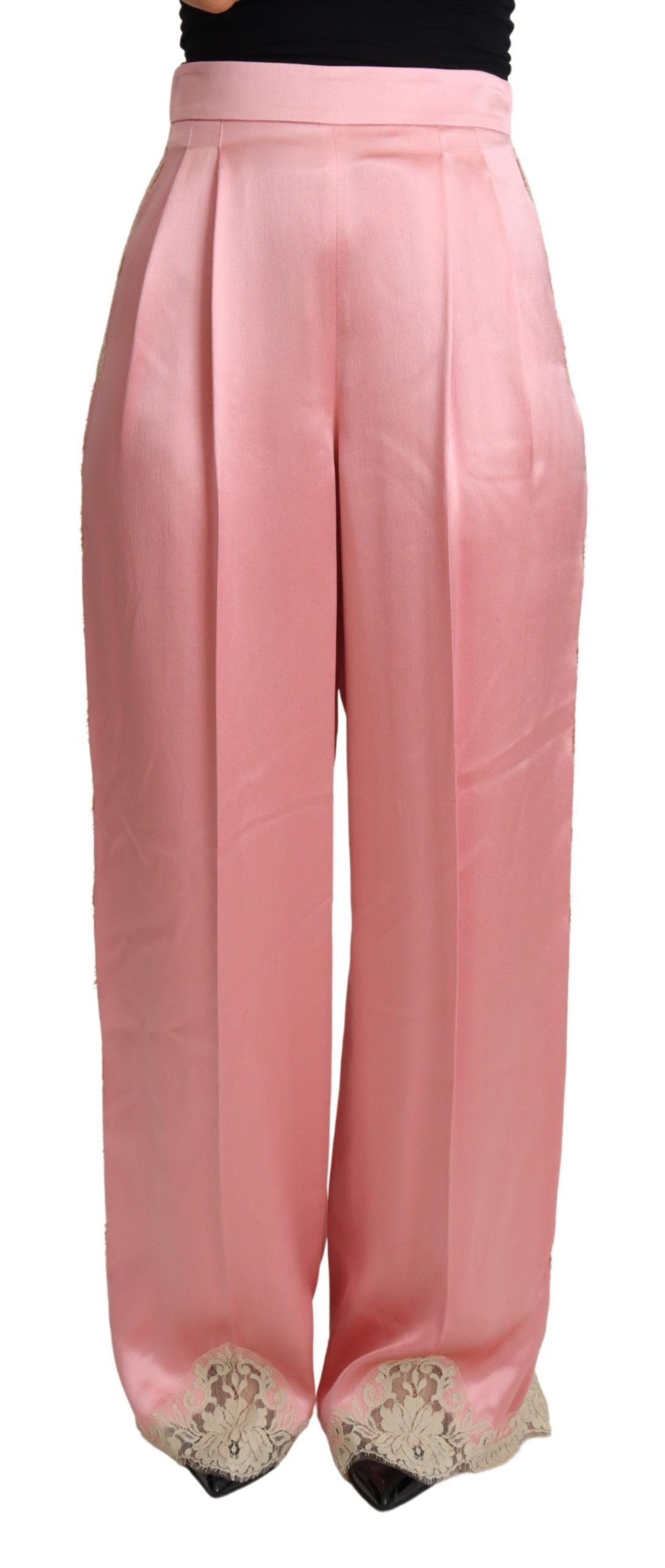 Dolce & Gabbana – Hose aus Seidensatin mit weitem Bein und Spitzenbesatz in Rosa