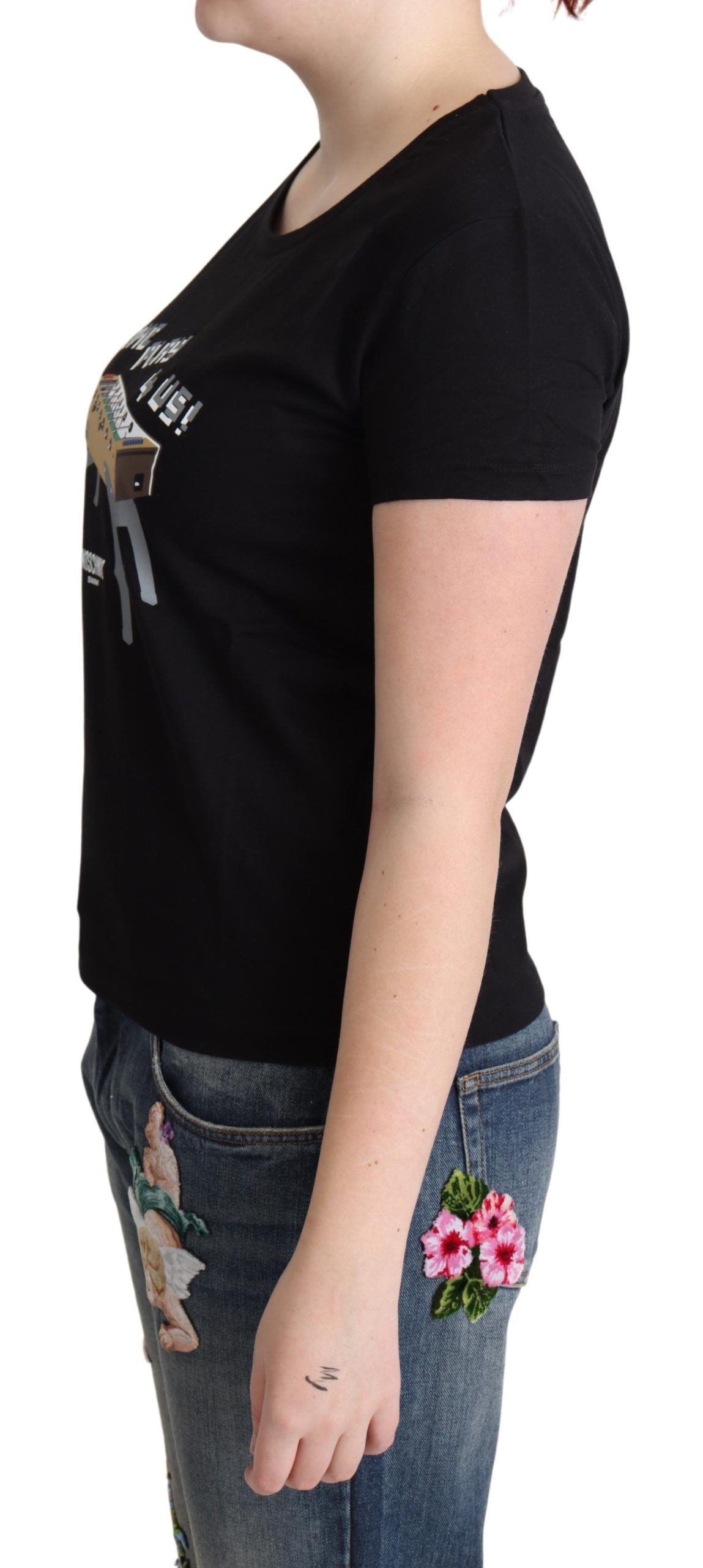 Moschino – Schwarzes T-Shirt aus Baumwolle mit „Come Play 4 Us“-Aufdruck
