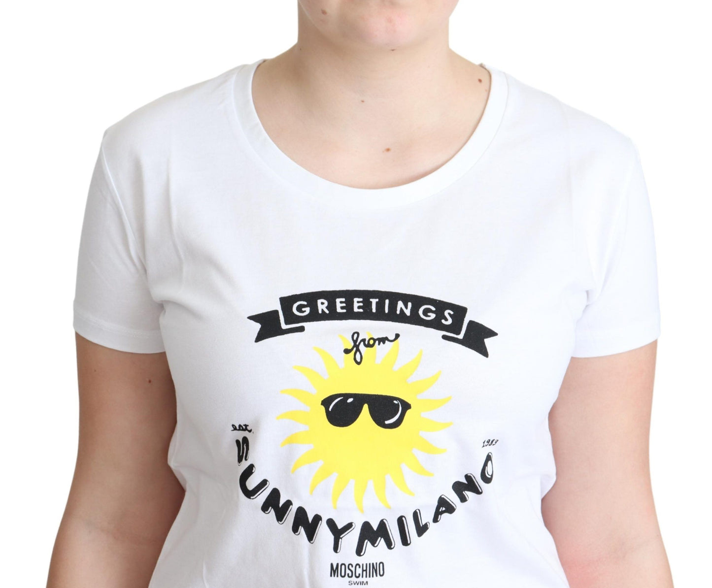 Moschino – Weißes Baumwoll-T-Shirt mit Sunny Milano-Print