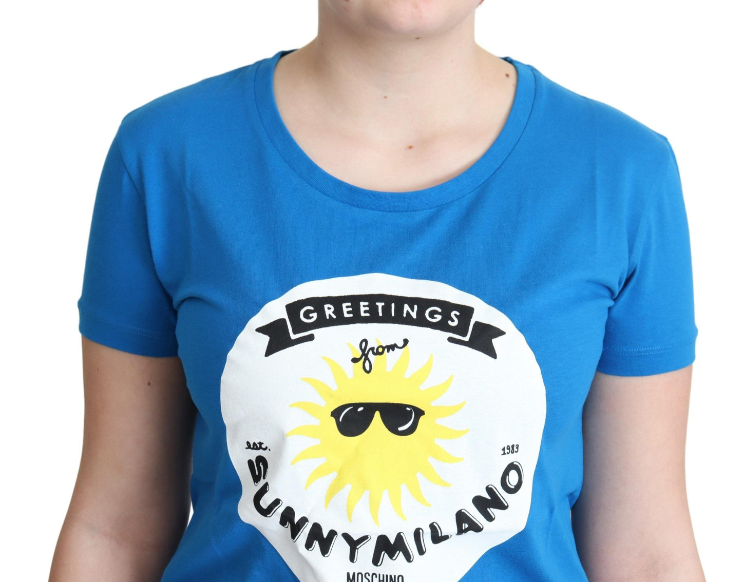 Moschino – Blaues T-Shirt aus Baumwolle mit Sunny Milano-Print