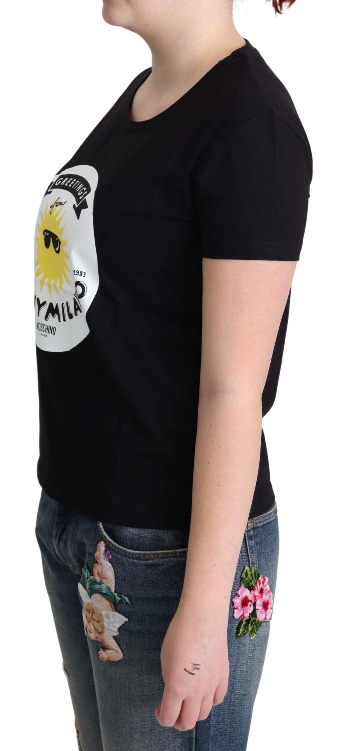 Moschino – Schwarzes Baumwoll-T-Shirt mit Sunny Milano-Print