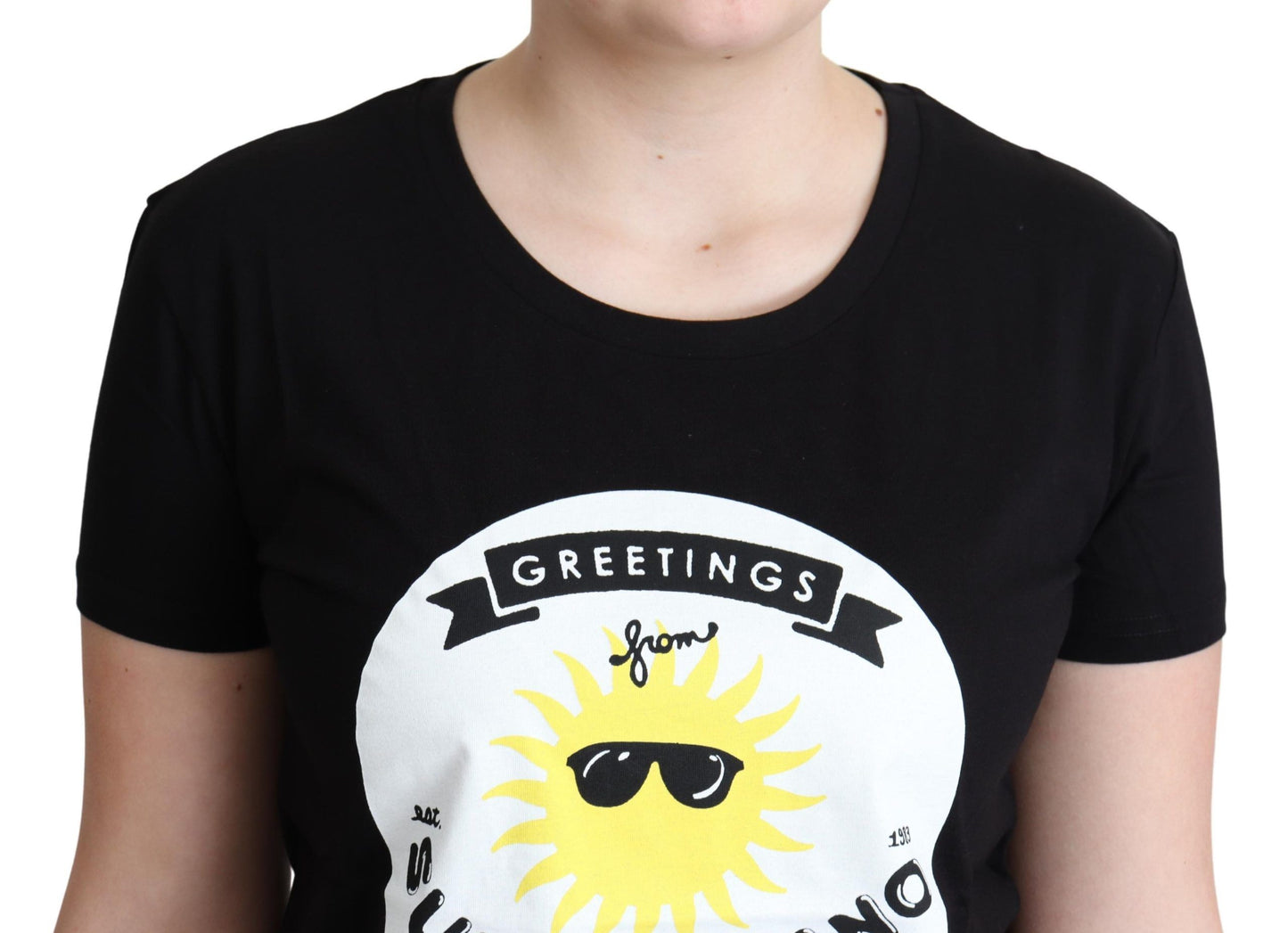 Moschino – Schwarzes Baumwoll-T-Shirt mit Sunny Milano-Print