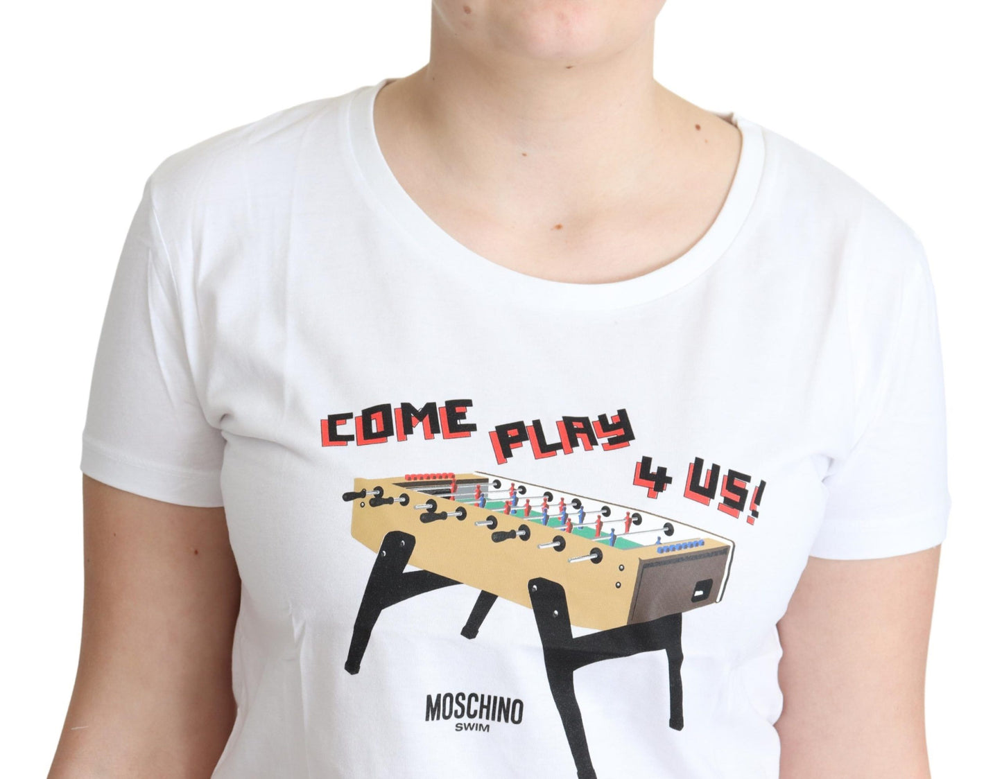 Moschino – Weißes T-Shirt aus Baumwolle mit „Come Play 4 Us“-Aufdruck