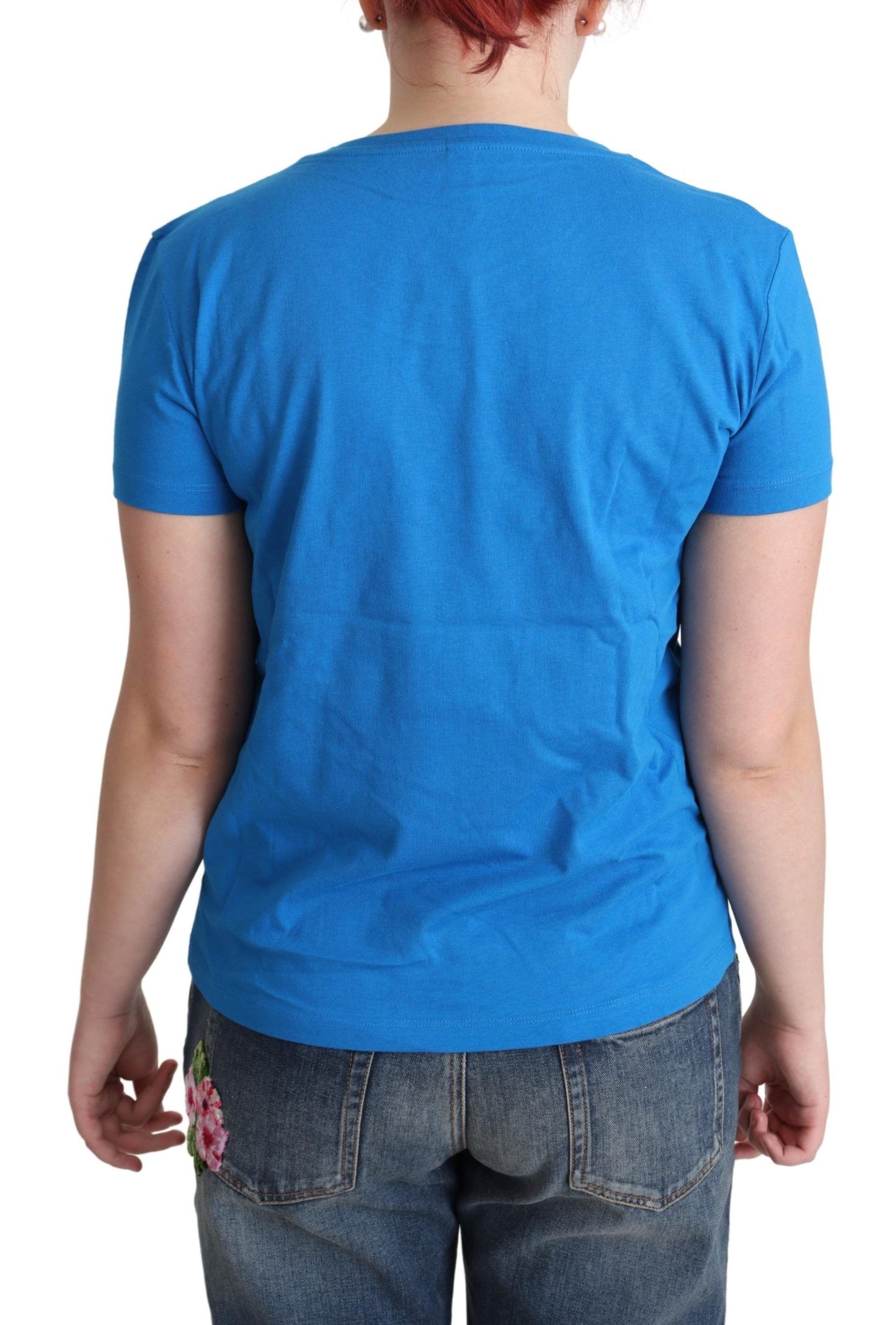 Moschino – Blaues T-Shirt aus Baumwolle mit grafischem Dreieck