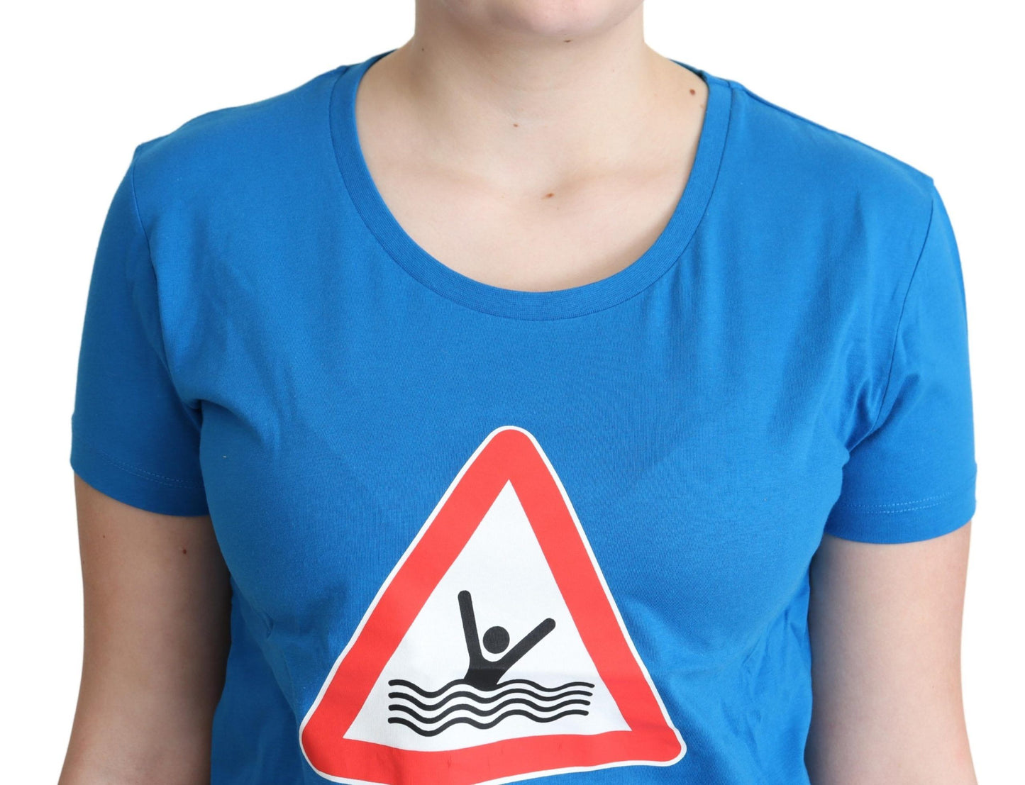 Moschino – Blaues T-Shirt aus Baumwolle mit grafischem Dreieck
