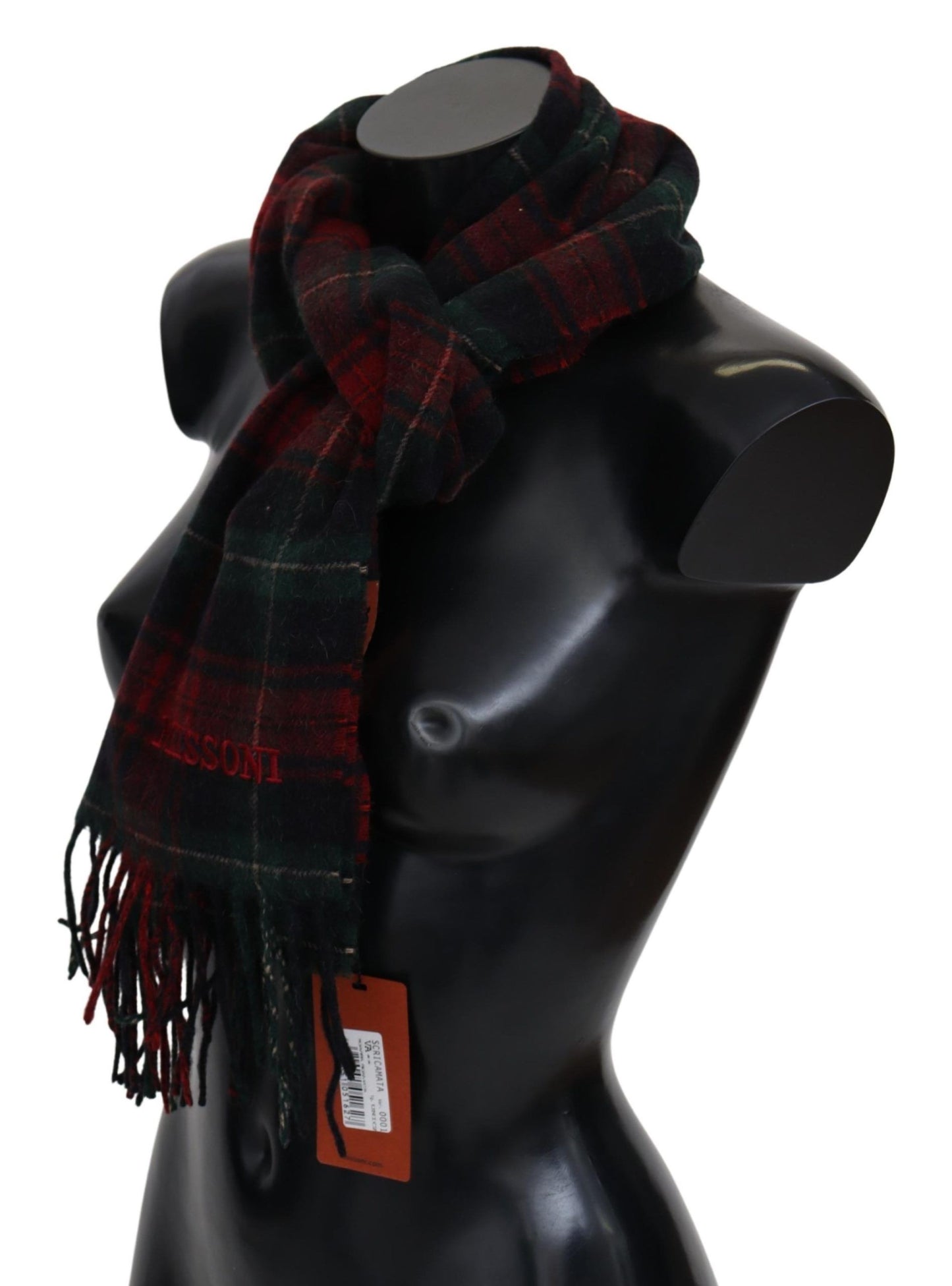 Missoni Schwarz-Rot karierter Unisex-Halswickelschal aus Wolle mit Fransen