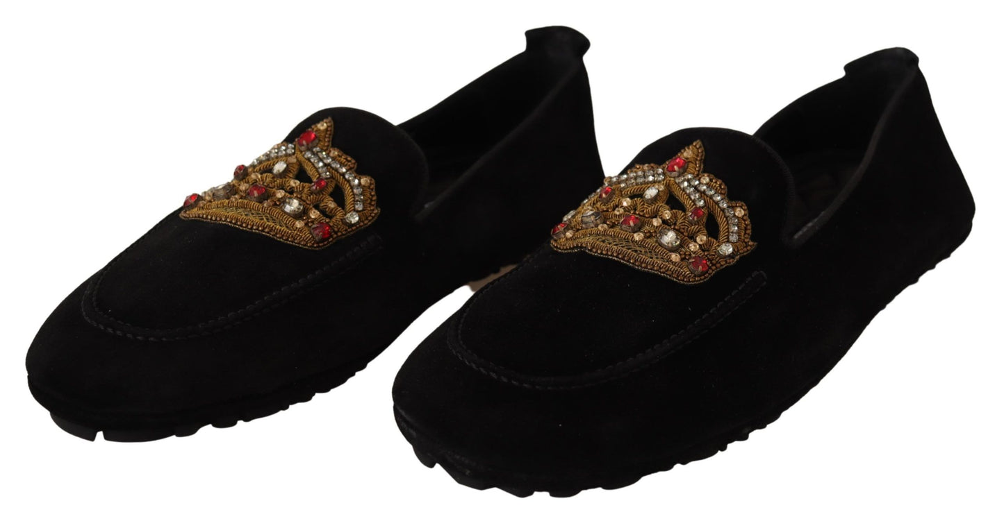 Dolce & Gabbana – Loafer aus schwarzem Leder mit Kristall- und Goldkrone