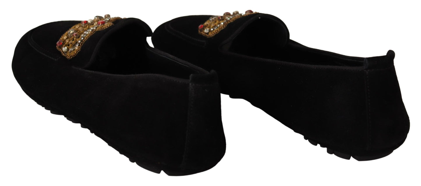 Dolce & Gabbana – Loafer aus schwarzem Leder mit Kristall- und Goldkrone
