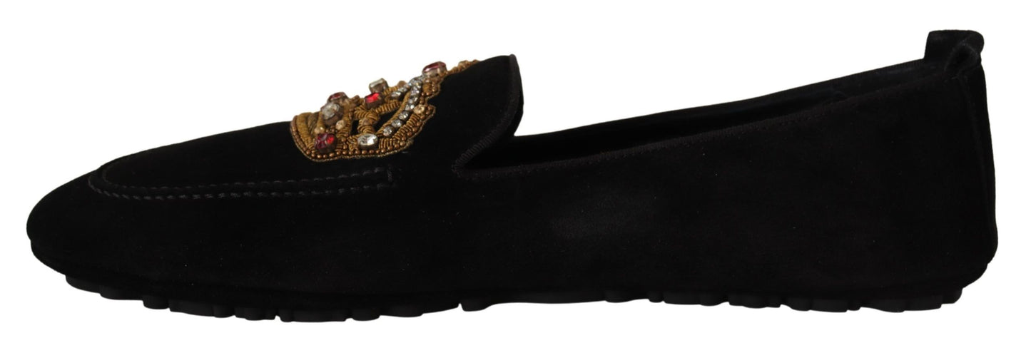 Dolce & Gabbana – Loafer aus schwarzem Leder mit Kristall- und Goldkrone