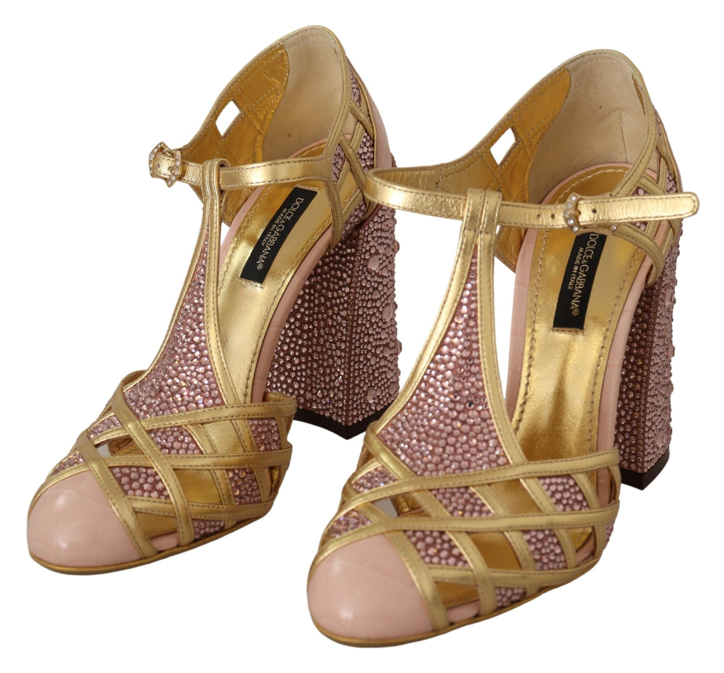 Dolce & Gabbana – Pumps aus rosagoldenem Leder mit Kristallen und T-Riemen
