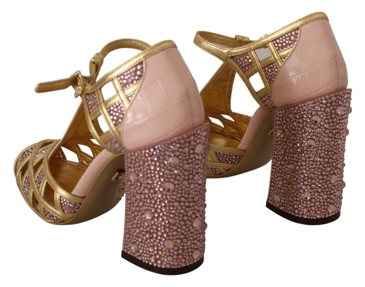 Dolce & Gabbana – Pumps aus rosagoldenem Leder mit Kristallen und T-Riemen