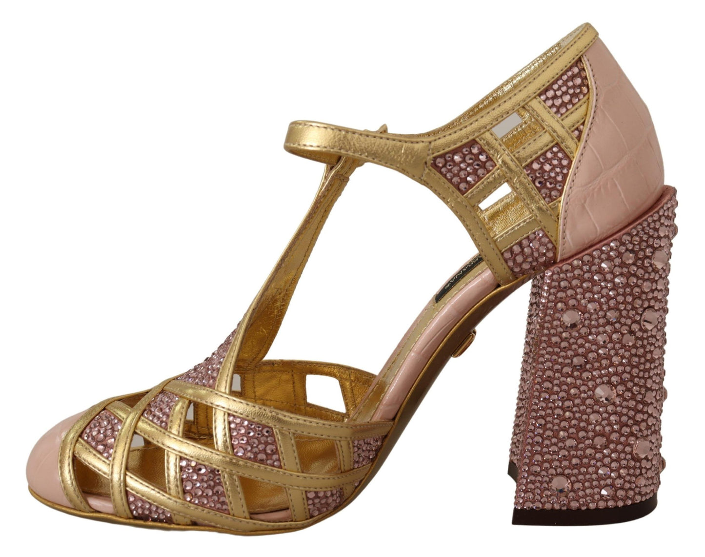 Dolce & Gabbana – Pumps aus rosagoldenem Leder mit Kristallen und T-Riemen