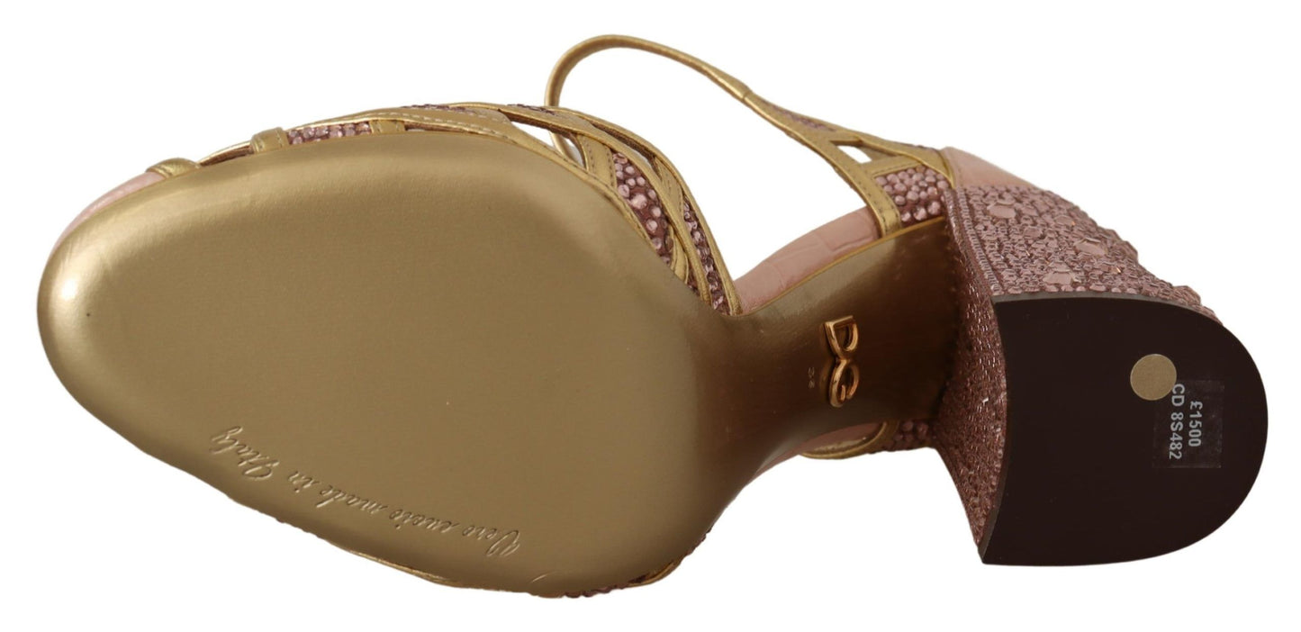 Dolce & Gabbana – Pumps aus rosagoldenem Leder mit Kristallen und T-Riemen