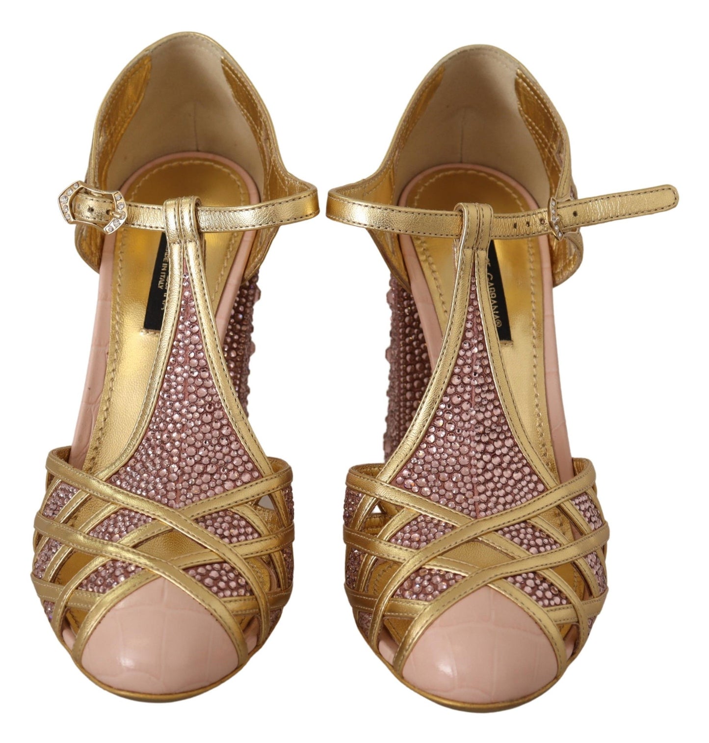 Dolce & Gabbana – Pumps aus rosagoldenem Leder mit Kristallen und T-Riemen