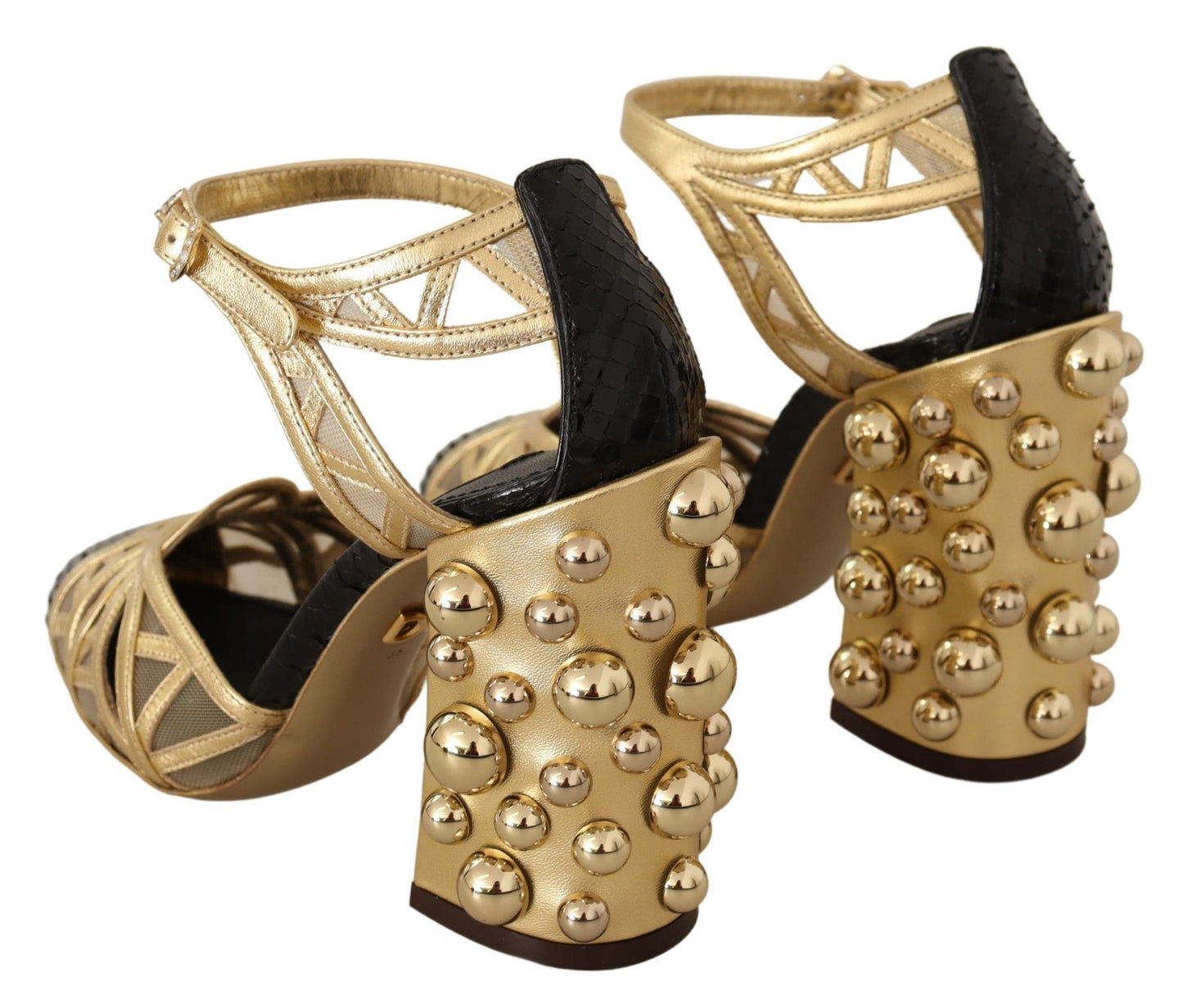 Dolce & Gabbana – Schwarze, goldene Lederschuhe mit Knöchelriemen und Nieten