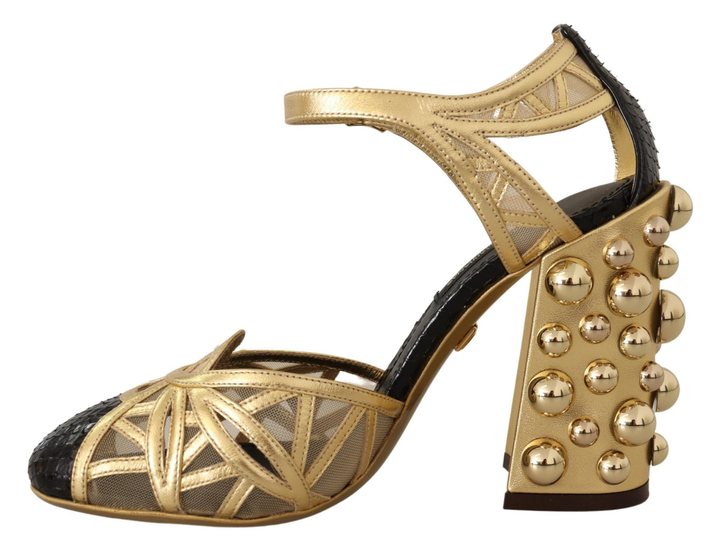 Dolce & Gabbana – Schwarze, goldene Lederschuhe mit Knöchelriemen und Nieten