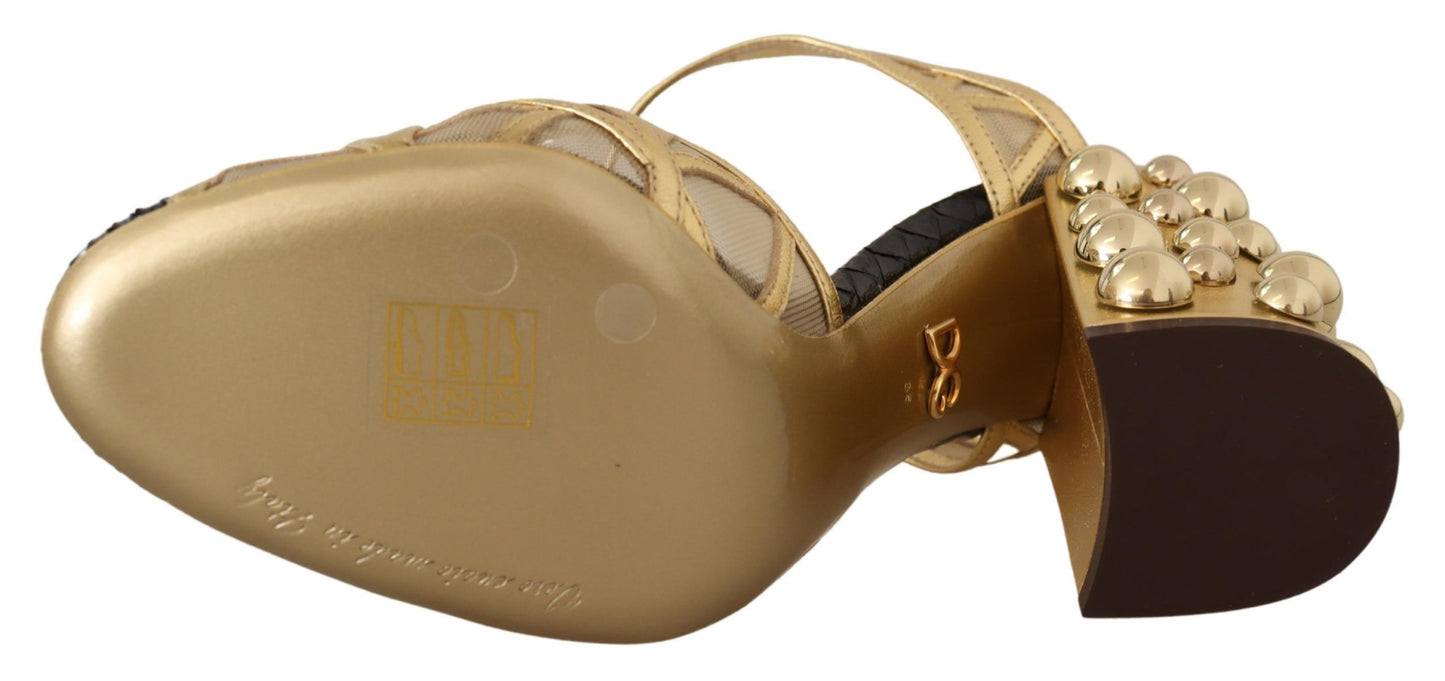 Dolce & Gabbana – Schwarze, goldene Lederschuhe mit Knöchelriemen und Nieten