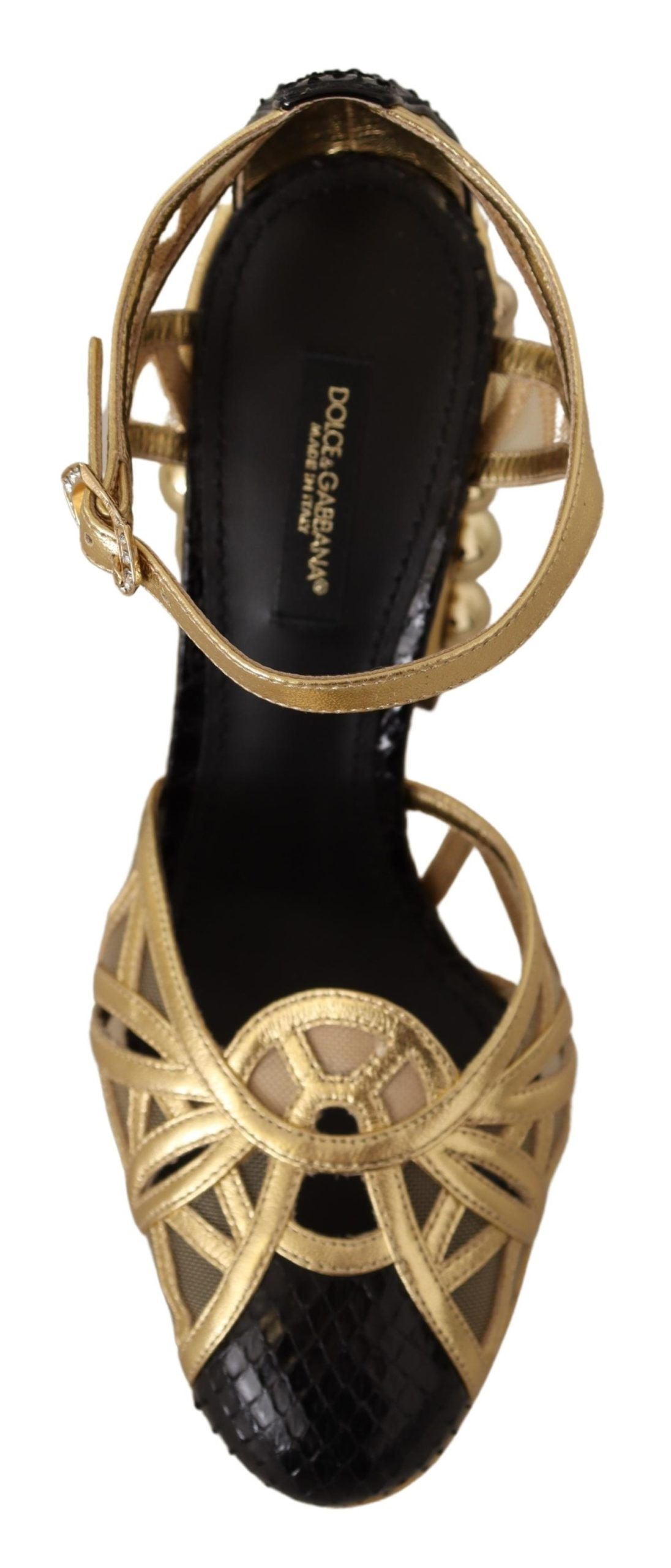 Dolce & Gabbana – Schwarze, goldene Lederschuhe mit Knöchelriemen und Nieten