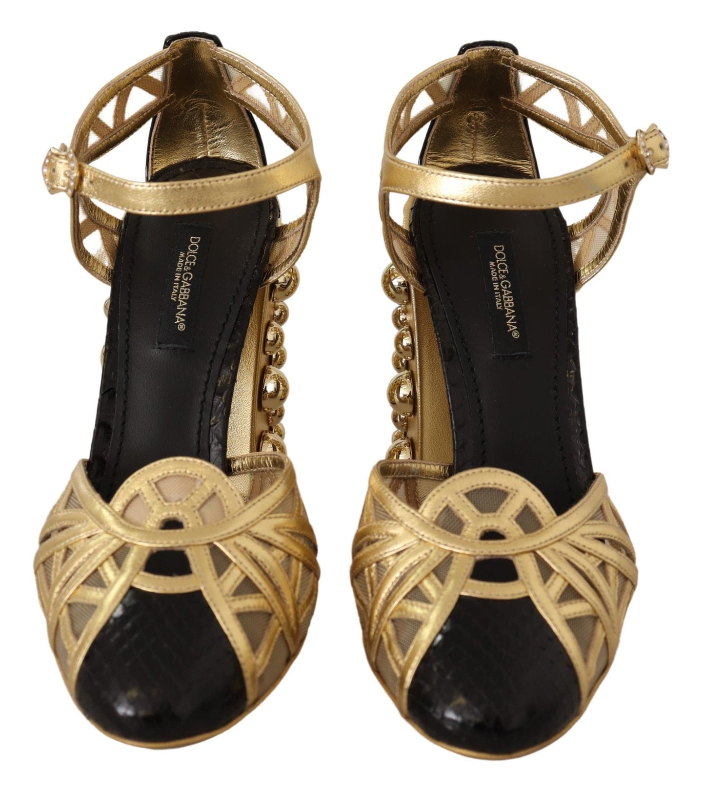 Dolce & Gabbana – Schwarze, goldene Lederschuhe mit Knöchelriemen und Nieten