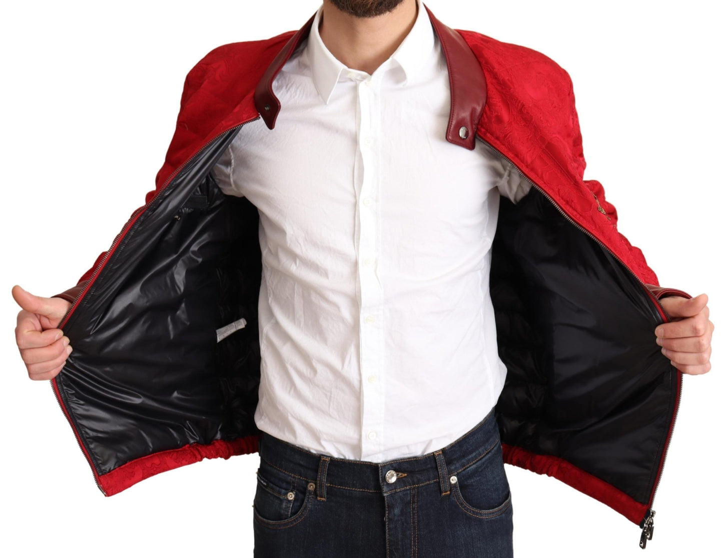 Dolce & Gabbana – Bomberjacke aus rotem Brokat mit goldenem Kronenlogo