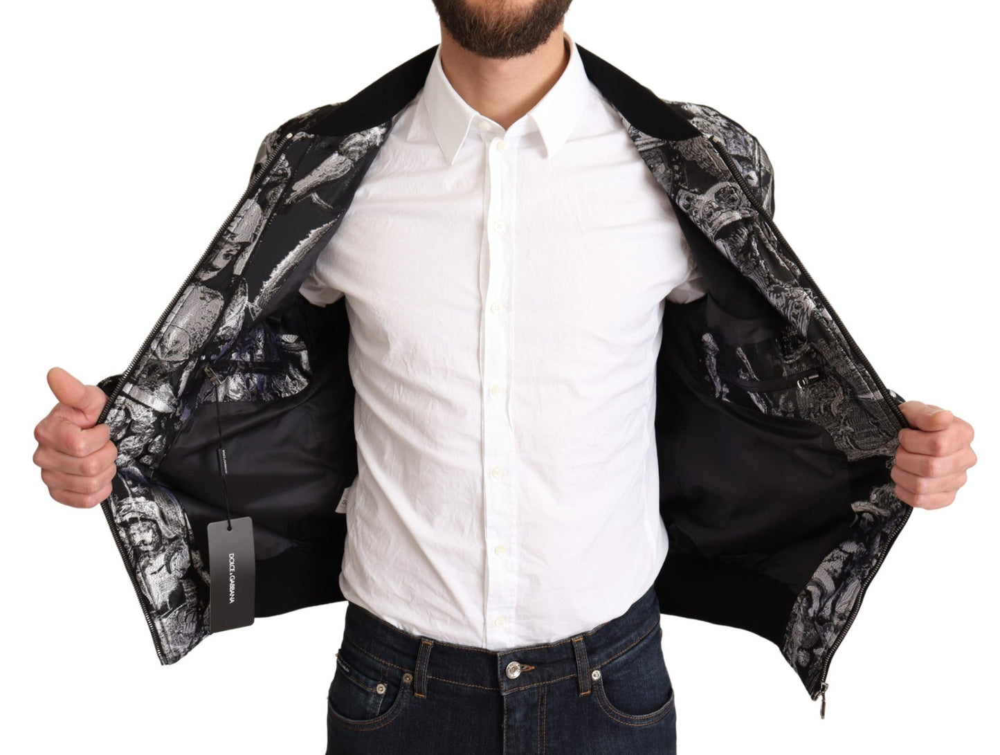 Dolce & Gabbana – Bomberjacke mit Puppi-Motiv in Schwarz und Silber
