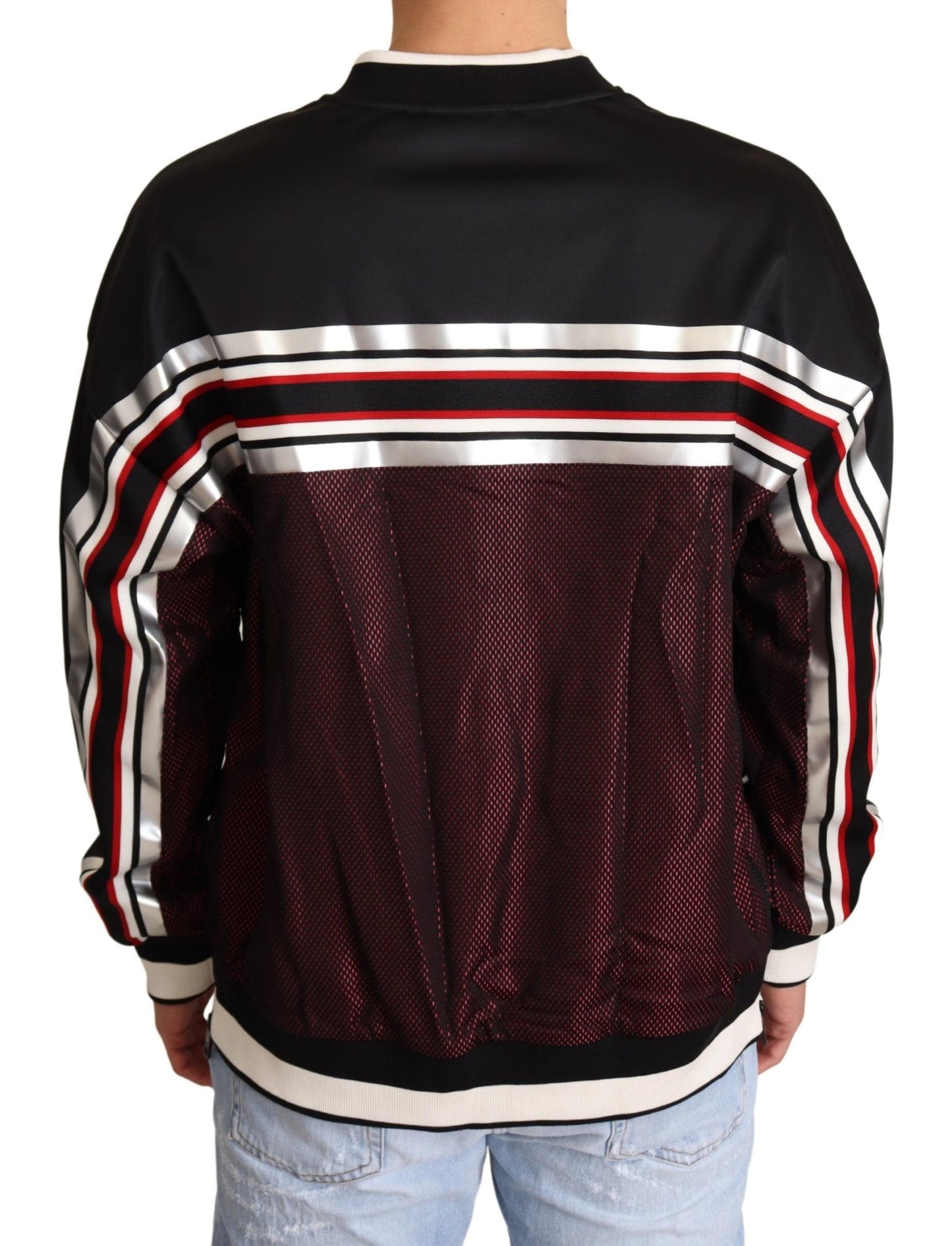 Dolce & Gabbana Schwarz-Roter Mesh-Sportpullover mit Rundhalsausschnitt