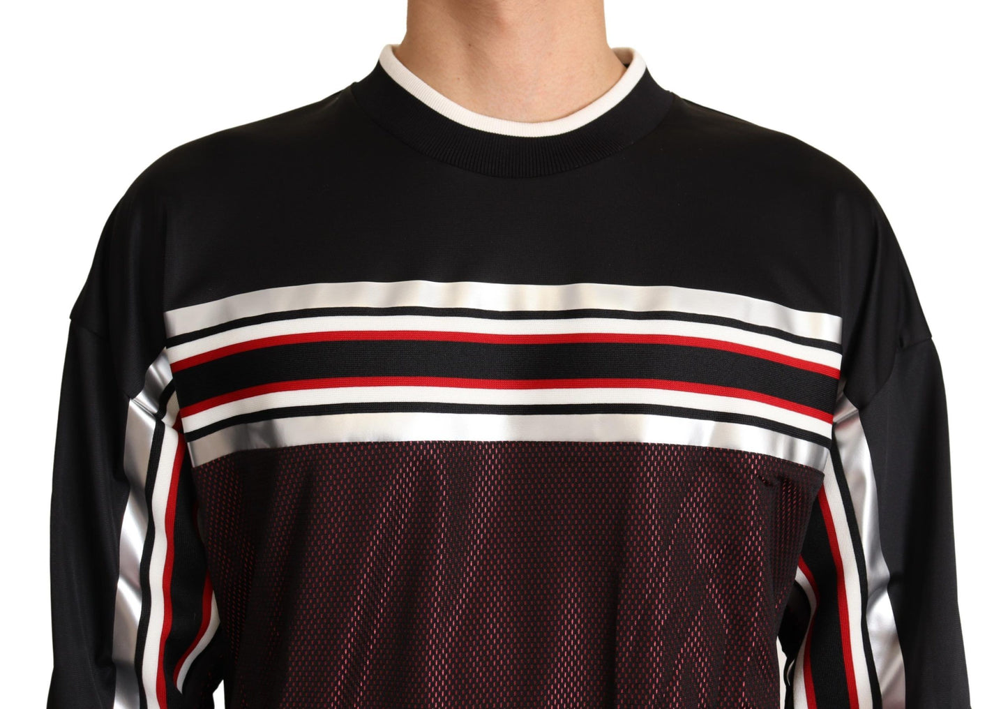 Dolce & Gabbana Schwarz-Roter Mesh-Sportpullover mit Rundhalsausschnitt