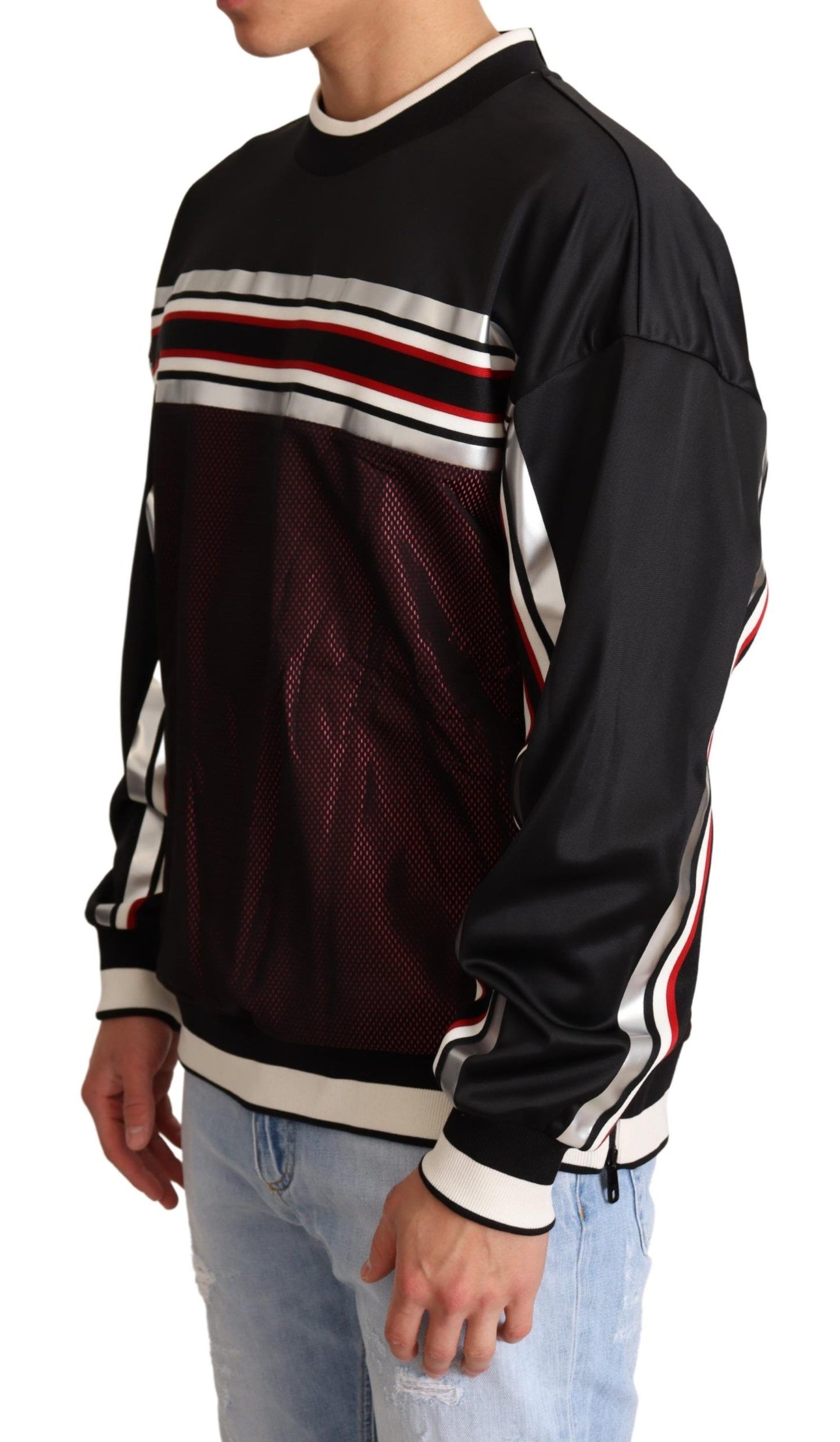 Dolce & Gabbana Schwarz-Roter Mesh-Sportpullover mit Rundhalsausschnitt