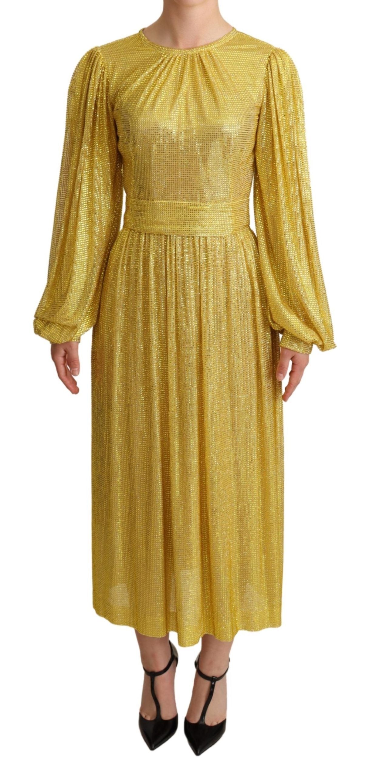 Dolce & Gabbana – Gelbes, plissiertes Maxikleid aus Kristallnetz