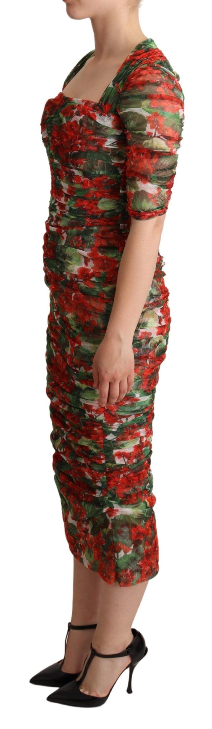 Dolce & Gabbana – Rotes Etui-Midikleid aus Tüll mit Blumenmuster