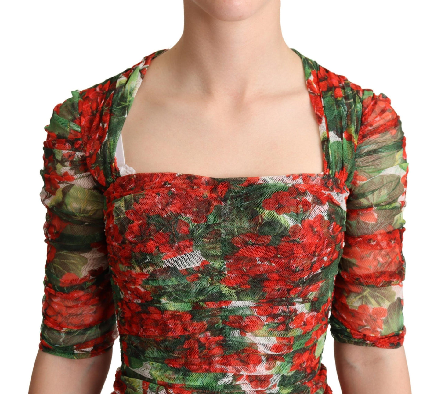 Dolce & Gabbana – Rotes Etui-Midikleid aus Tüll mit Blumenmuster