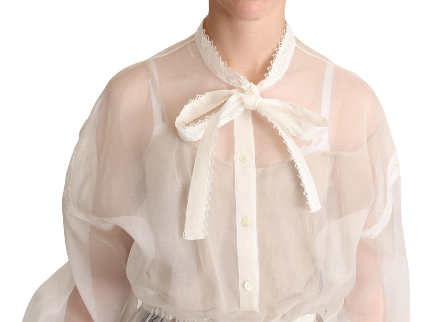 Dolce & Gabbana – Weißes Blusentop mit Ascot-Kragen und langen Ärmeln