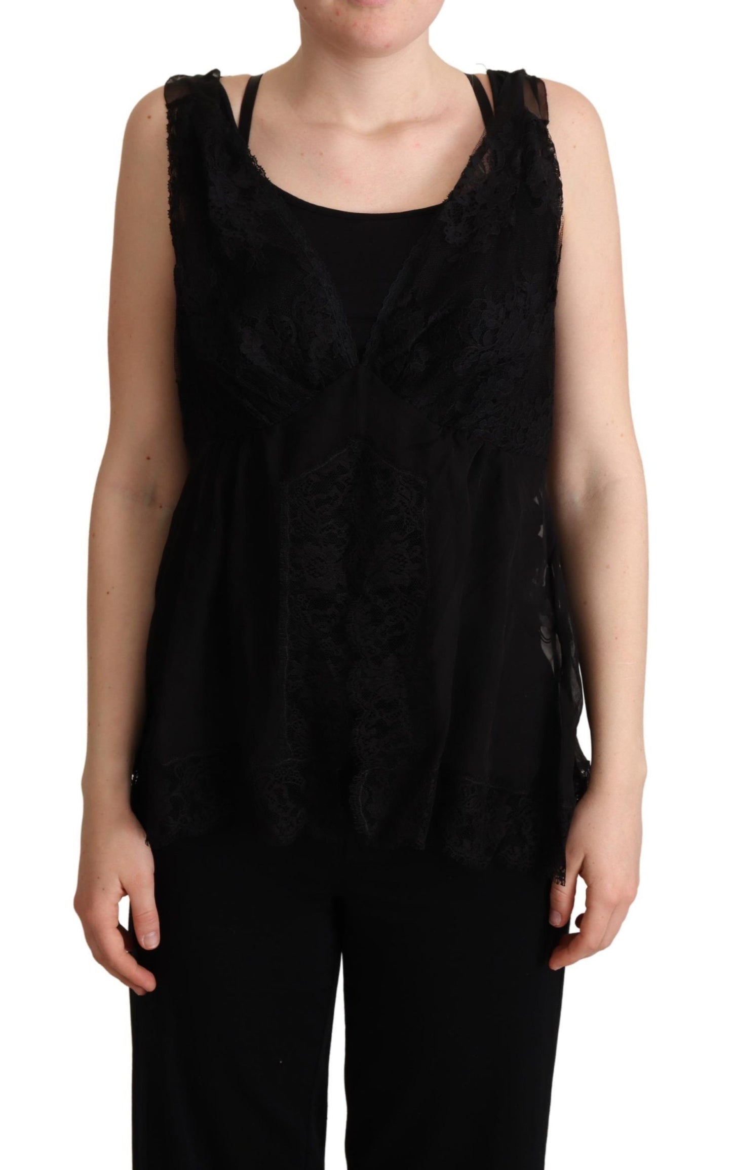 Dolce & Gabbana – Schwarzes Camisole-Tanktop aus Seide mit Spitzenbesatz