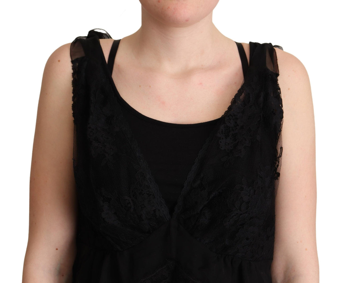 Dolce & Gabbana – Schwarzes Camisole-Tanktop aus Seide mit Spitzenbesatz