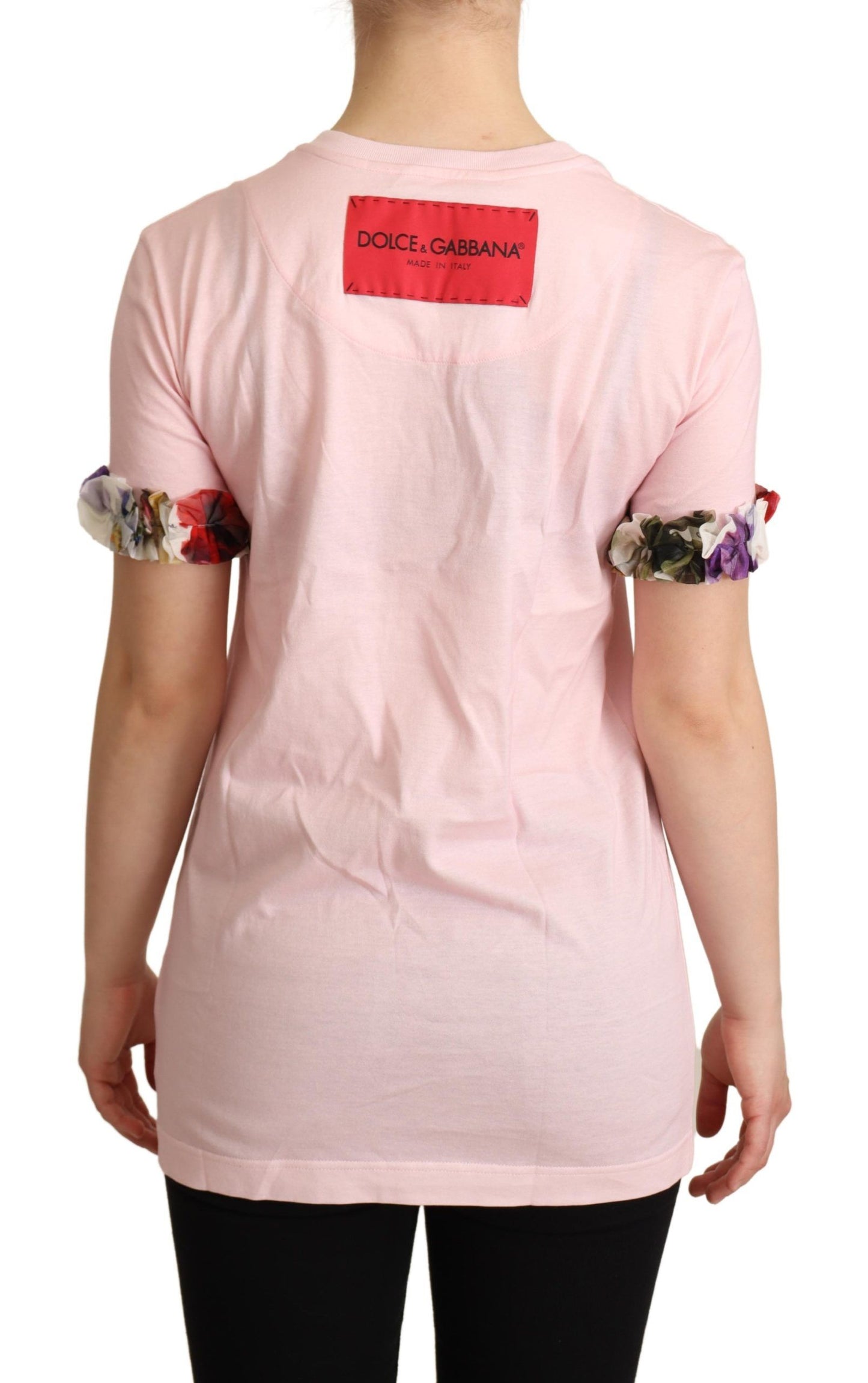 Dolce & Gabbana – Rosafarbenes Baumwoll-T-Shirt mit Rundhalsausschnitt und Rosenmotiv