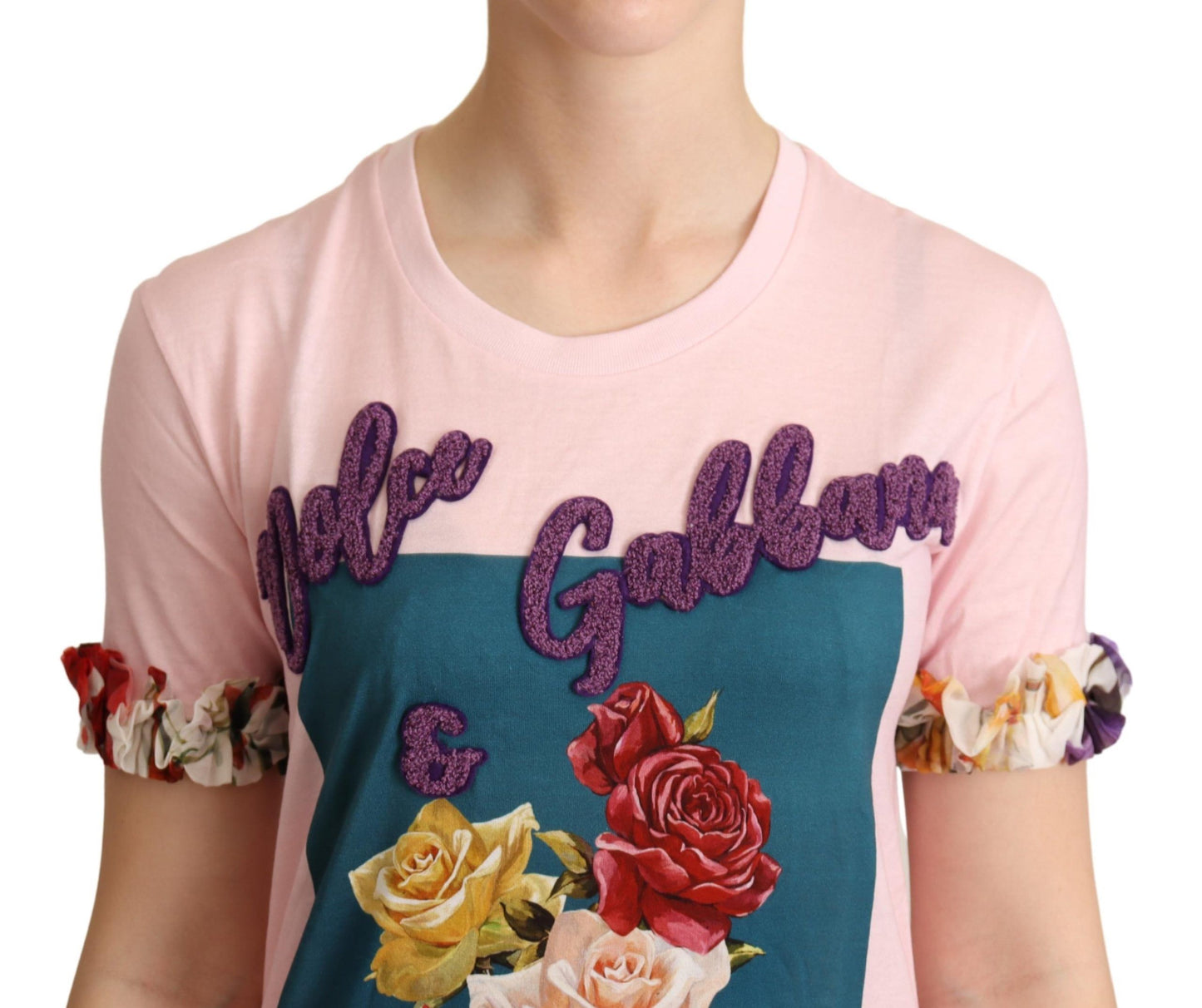 Dolce & Gabbana – Rosafarbenes Baumwoll-T-Shirt mit Rundhalsausschnitt und Rosenmotiv