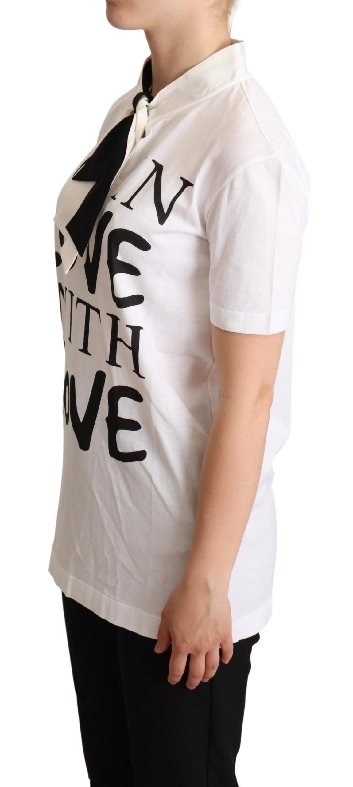 Dolce & Gabbana – Weißes T-Shirt aus Baumwoll-Seiden-Mischgewebe mit Ascot-Kragen